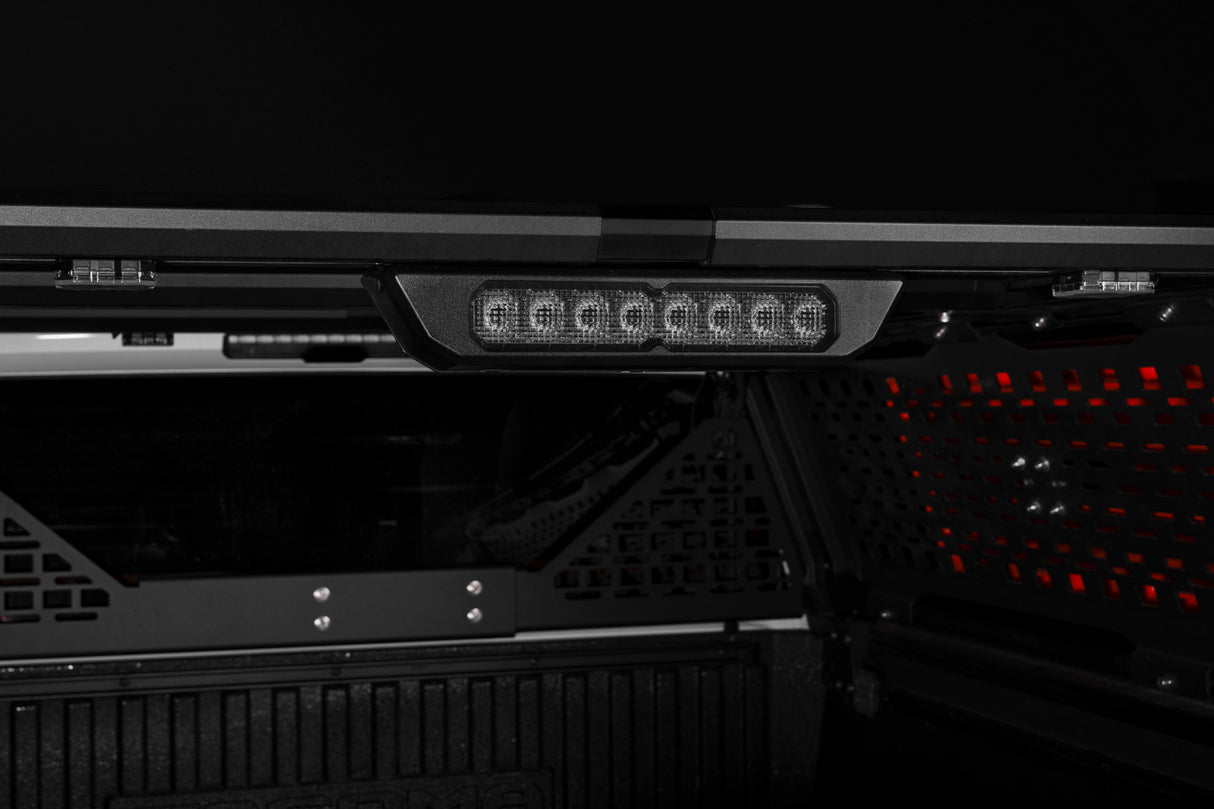 Diode Dynamics SS10 Chase Lightbar detail on the IBEX bed rack, lights off