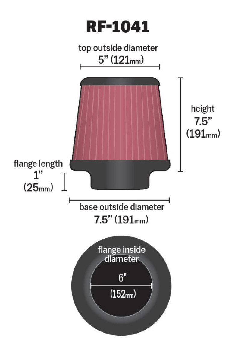 Universal Round Tapered Universal Air Filter 6 inch Flange 7 1/2 inch Base 5 inch Top 7 1/2 inch Height - View 12 | Dirty Garage
