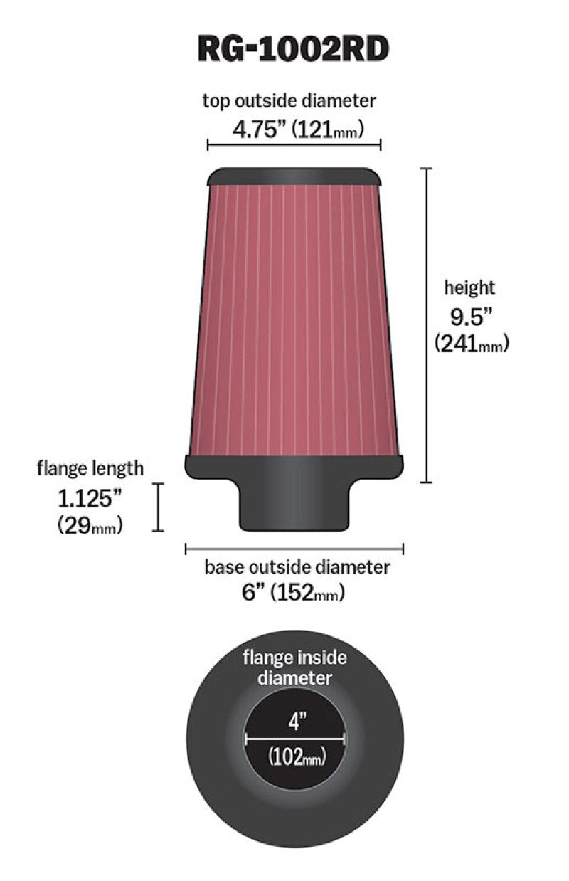 Universal Air Filter Chrome Round Tapered Red - 4in Flange ID x 1.125in Flange Length x 9.5in H - View 4 | Dirty Garage