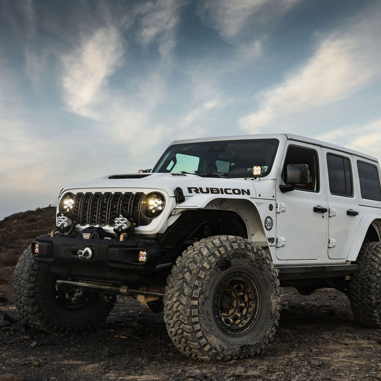Baja Designs Squadron 2.0 Pro A-Pillar light kit installed on a Jeep Wrangler JL, alternate angle