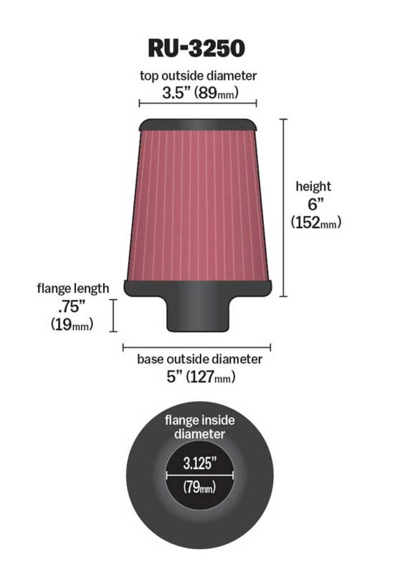 Universal Tapered Filter 3.125in Flange ID x 5in Base OD x 3.5in Top OD x 6in Height - View 7 | Dirty Garage