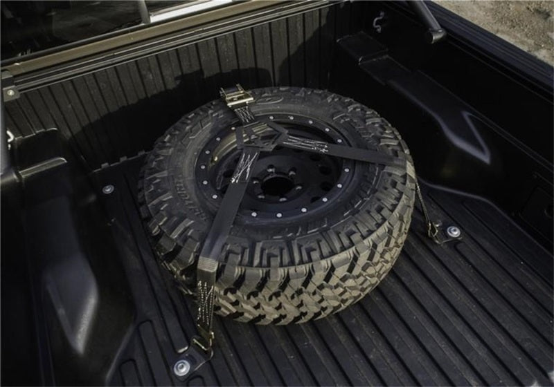 Universal Gloss Black Bed mounted Rapid Tire Strap - View 2 | Dirty Garage