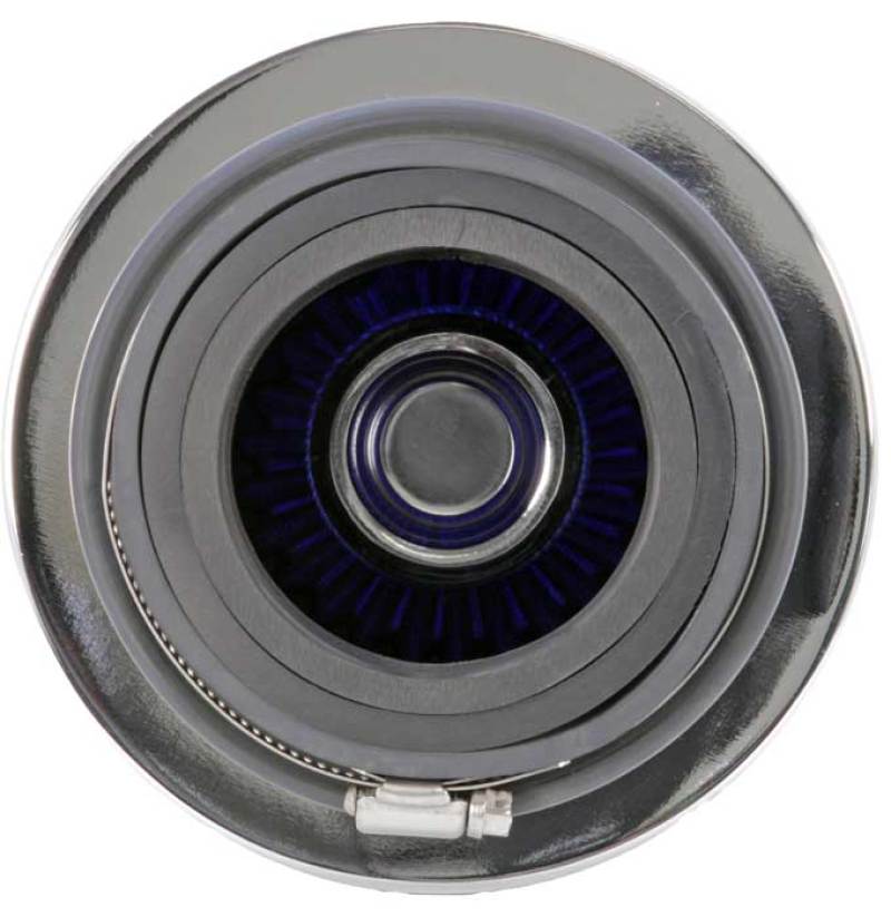 Universal Air Filter Chrome Round Tapered Blue - 4in Flange ID x 1.125in Flange Length x 5.5in H - View 12 | Dirty Garage