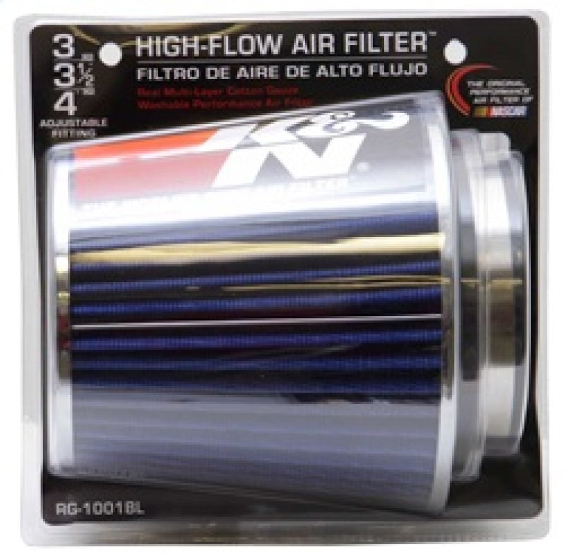 Universal Air Filter Chrome Round Tapered Blue - 4in Flange ID x 1.125in Flange Length x 5.5in H - View 13 | Dirty Garage