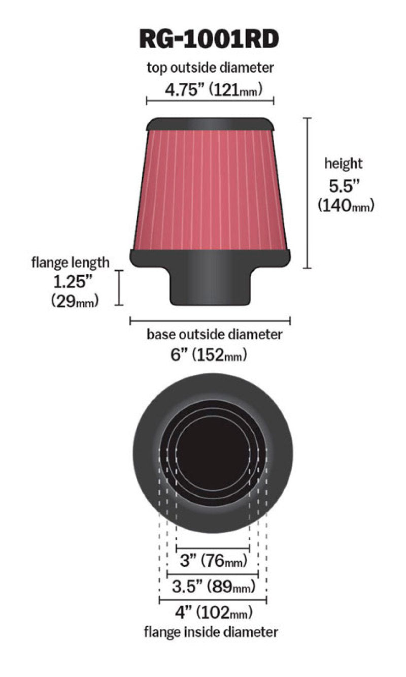 Universal Air Filter Chrome Round Tapered Red - 4in Flange ID x 1.125in Flange Length x 5.5in H - View 3 | Dirty Garage