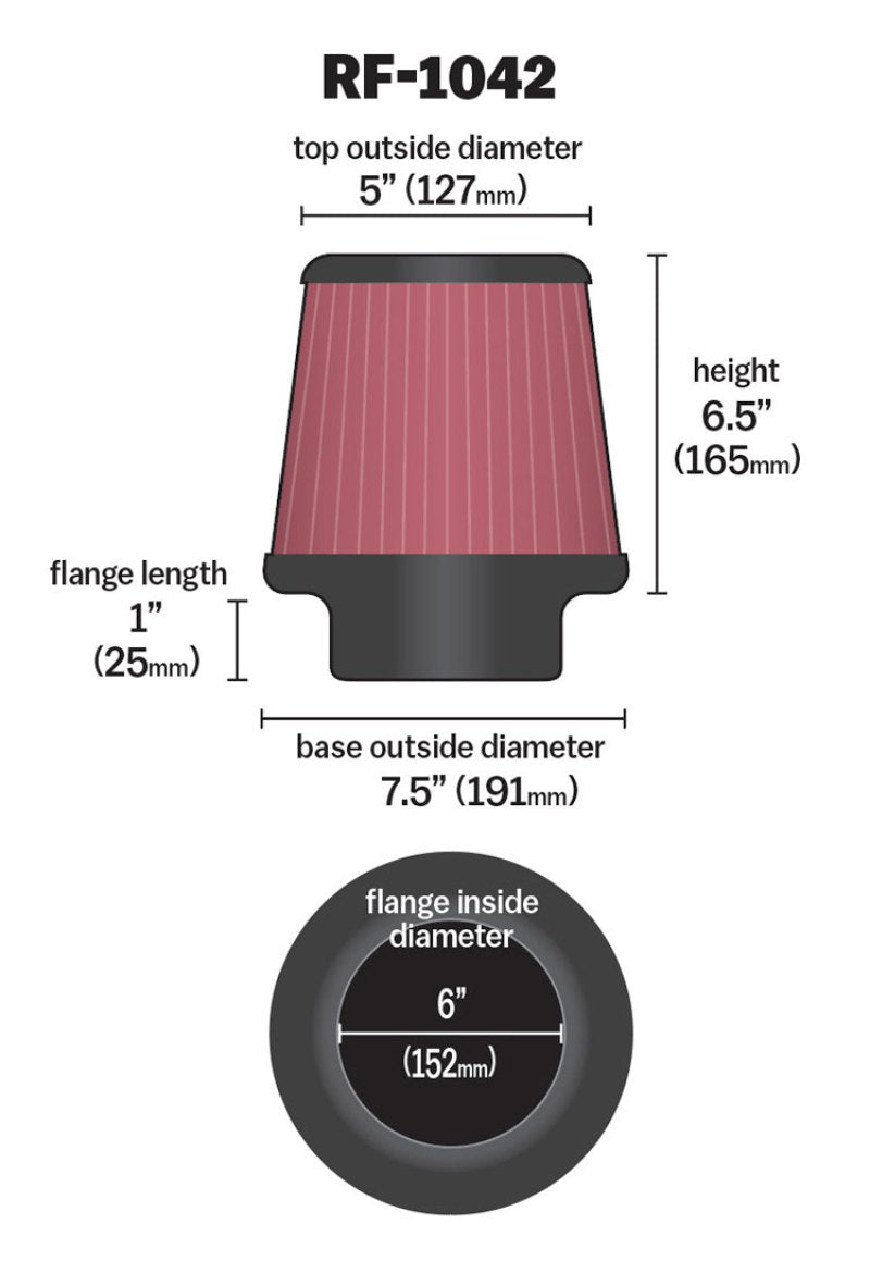 Universal Round Tapered Universal Air Filter 6in Flange ID x 7.5in Base OD x 5in Top OD x 6.5in Height - View 15 | Dirty Garage