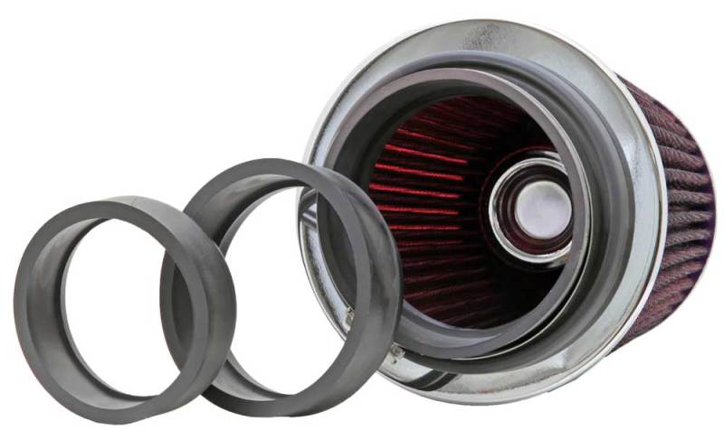 Universal Air Filter Chrome Round Tapered Red - 4in Flange ID x 1.125in Flange Length x 5.5in H - View 18 | Dirty Garage