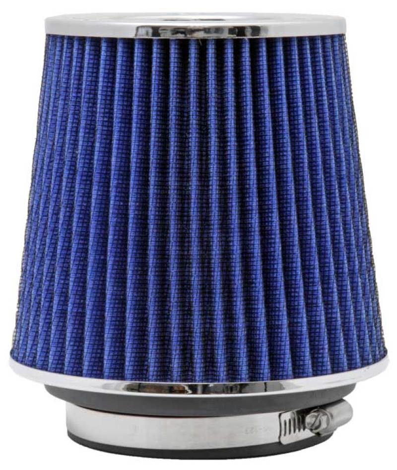 Universal Air Filter Chrome Round Tapered Blue - 4in Flange ID x 1.125in Flange Length x 5.5in H - View 16 | Dirty Garage