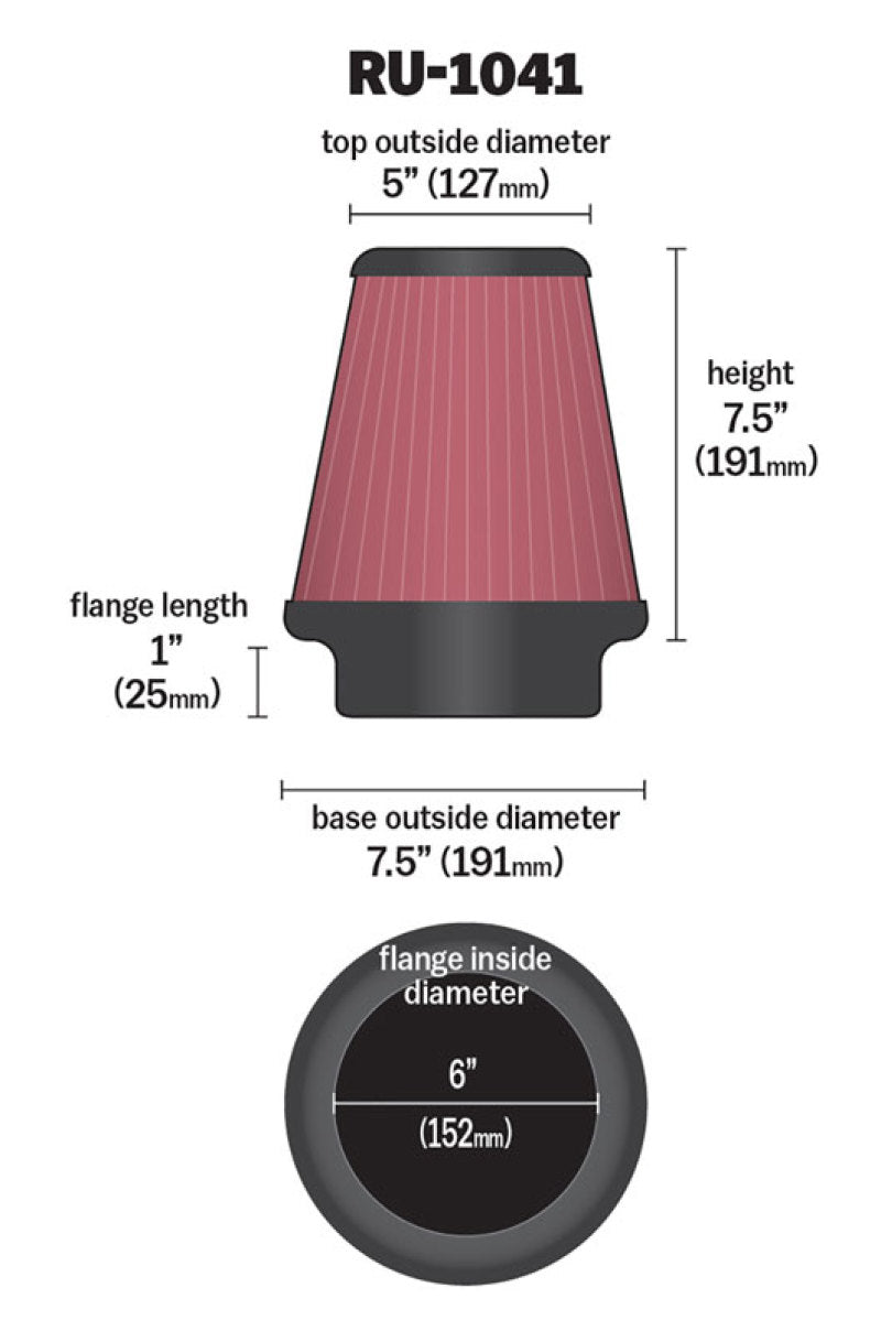 Universal Clamp-On Air Filter 6in FLG/7-1/2in B/5in T/7-1/2in H - View 12 | Dirty Garage