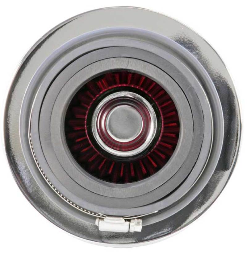 Universal Air Filter Chrome Round Tapered Red - 4in Flange ID x 1.125in Flange Length x 5.5in H - View 6 | Dirty Garage