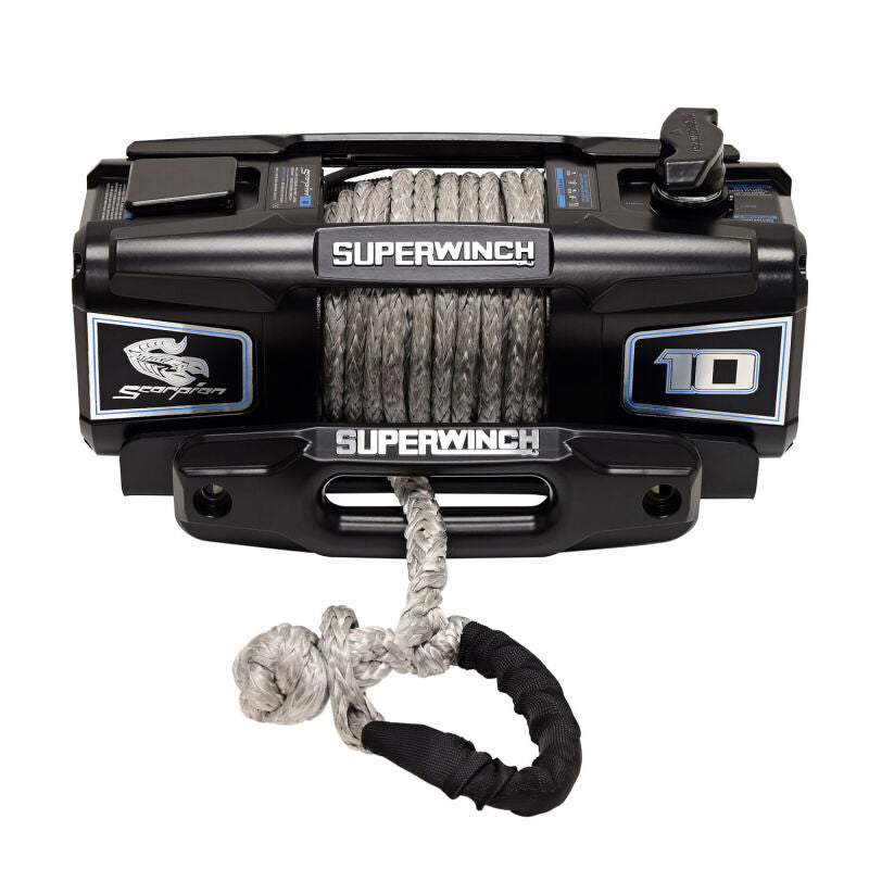 Superwinch 10000 LBS 12V DC 3/8in x 54ft Synthetic Rope Scorpion 10000SR Winch - Black Powdercoat | Dirty Garage