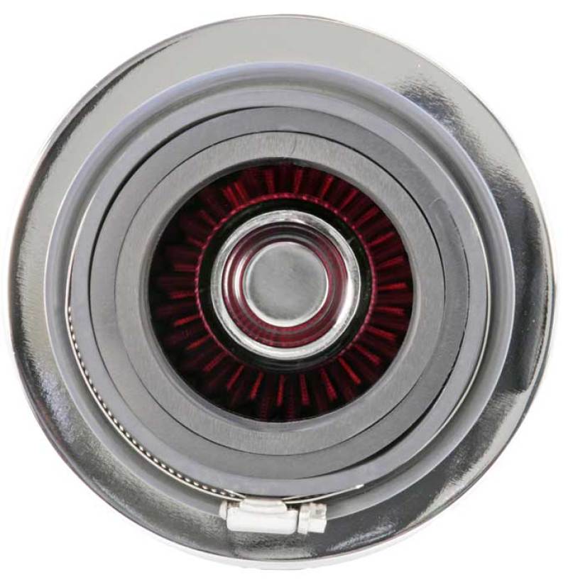 Universal Air Filter Chrome Round Tapered Red - 4in Flange ID x 1.125in Flange Length x 5.5in H - View 20 | Dirty Garage