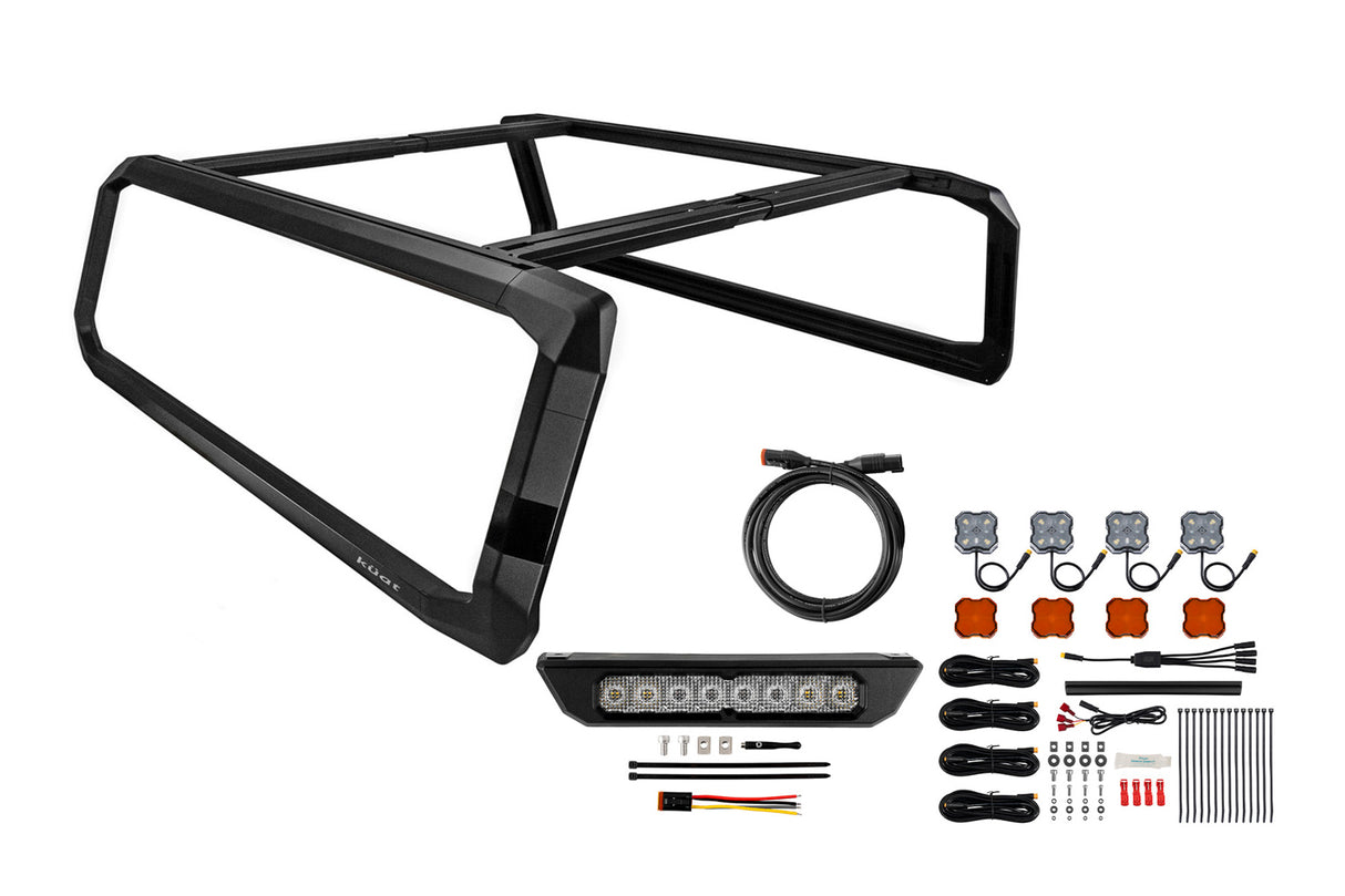 Diode Dynamics IBEX A3 bed rack lighting kit contents with SS10 Chase Lightbar and four rock lights for short bed Ford Ranger and Nissan Frontier