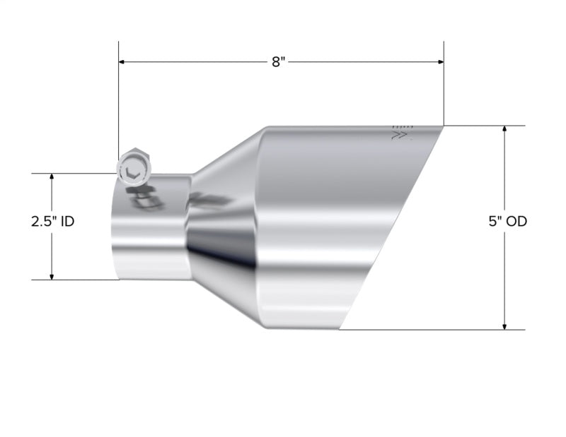 MBRP T304 SS Tip 2.5in ID, 5in OD Out, 8in Length, Angle Cut, Dual Wall - View 2 | Dirty Garage