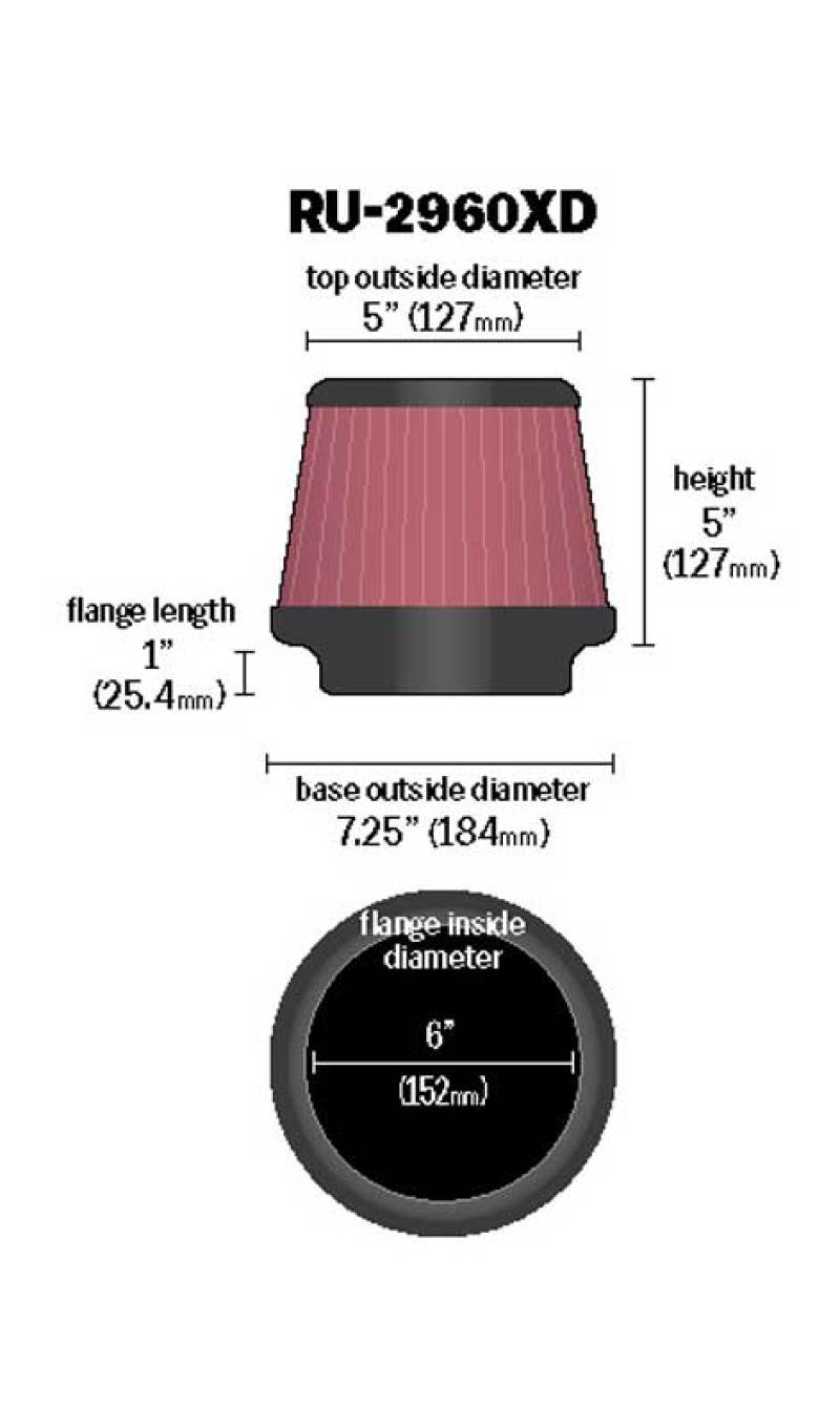 Universal Tapered Filter 6in Flange ID x 7.5in Base OD x 5in Top OD x 5in Height - View 13 | Dirty Garage