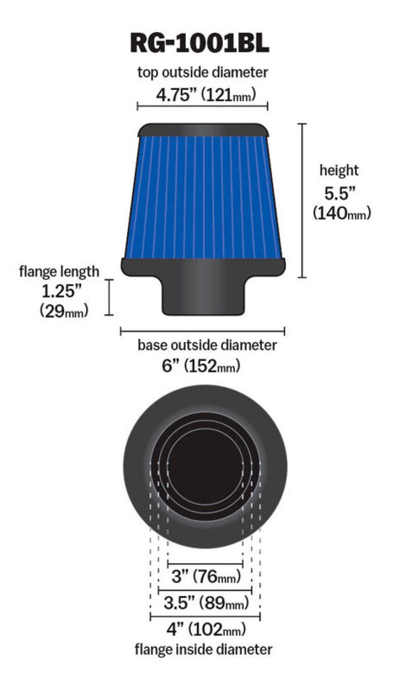 Universal Air Filter Chrome Round Tapered Blue - 4in Flange ID x 1.125in Flange Length x 5.5in H - View 18 | Dirty Garage