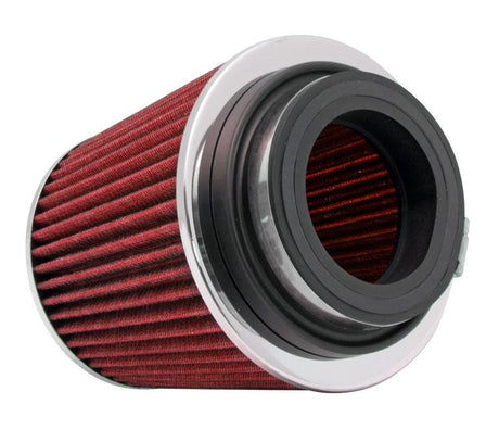 Universal Air Filter Chrome Round Tapered Red - 4in ID x 1.125in L x 5.5in H (Multi Lingual) | Dirty Garage