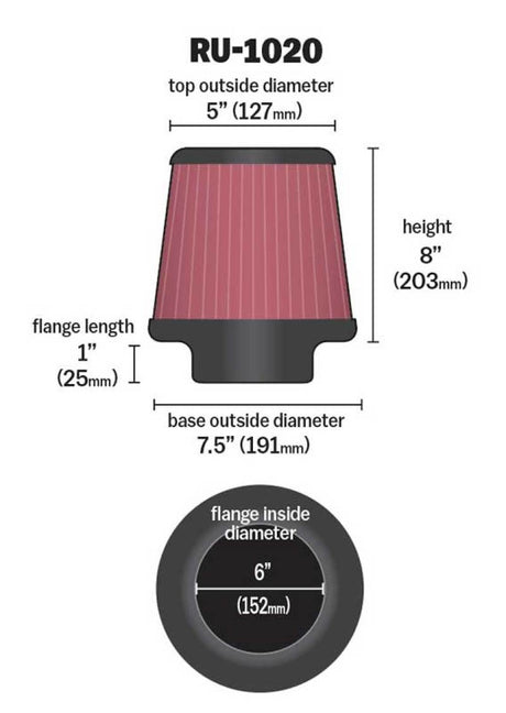 Universal Tapered Filter 6in Flange ID x 7.5in Base OD x 5in Top OD x 8in Height - View 5 | Dirty Garage