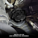 2017-2026 GM HD Billet Aluminum Engine Oil Filler Cap Black (114003027) installed on a 2020 Sierra 6.6L Duramax | Dirty Garage