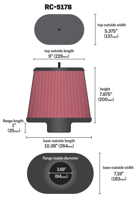 Universal Air Filter - Oval Straight - 3.688in Flange ID x 10.25in Base O/S Length x 7.875in H - View 5 | Dirty Garage