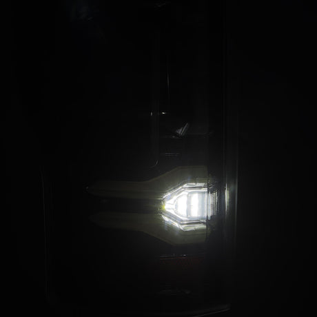 AlphaRex Luxx-Series LED tail lights in Alpha-Black for 2017-2022 Ford Super Duty, installed view