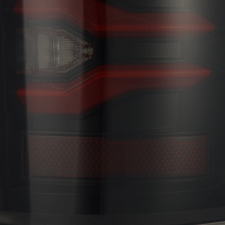 AlphaRex Luxx-Series LED tail lights in Black-Red for 2017-2022 Ford Super Duty, installed view