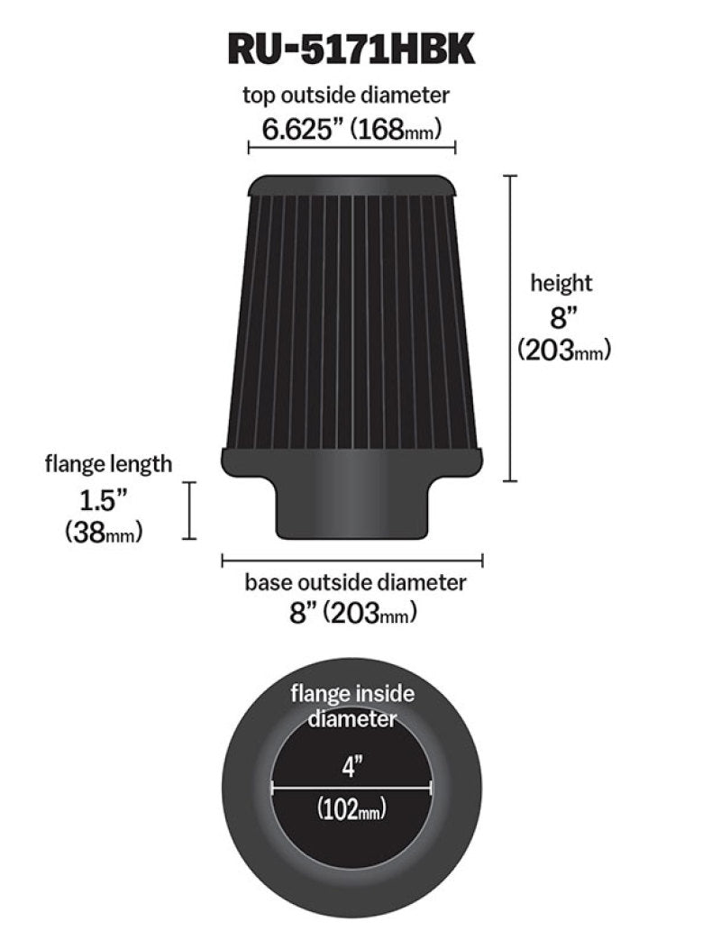 Universal Rubber Filter-Round Tapered 4in Flange ID x 8in Base OD x 6.625in Top OD x 8in H | Dirty Garage