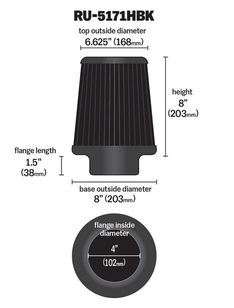 Universal Rubber Filter-Round Tapered 4in Flange ID x 8in Base OD x 6.625in Top OD x 8in H | Dirty Garage