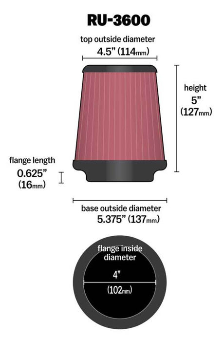 Universal Air Filter 4in Flange/5-3/8 in Base/4-1/2in Top/5in Height - View 3 | Dirty Garage