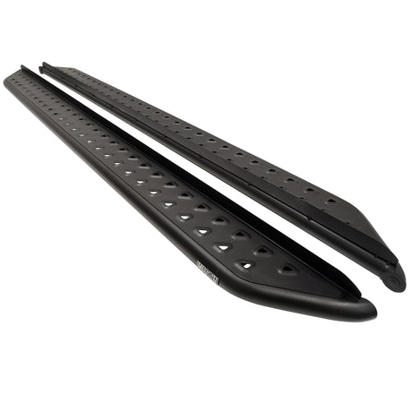 Westin Outlaw running boards in textured black, pair shown from opposite three-quarter angle