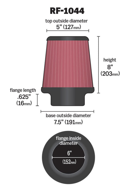 Universal Round Tapered Universal Air Filter 6 inch Flange 7.5 inch Base 5 inch Top 8 inch Height - View 5 | Dirty Garage