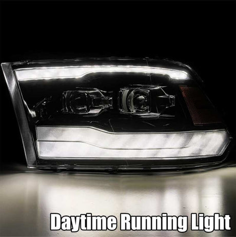 2009-2018 Ram HD Luxx-Series Projector Headlight Alpha-Black Active Light Sequential Signal Smoked DRL - View 3 | Dirty Garage