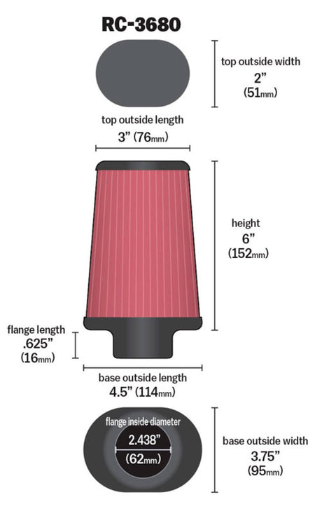Universal Clamp-On Air Filter 2-7/16in Flange 4-1/2x3-3/4in Base 3x2in Top 6in Height | Dirty Garage