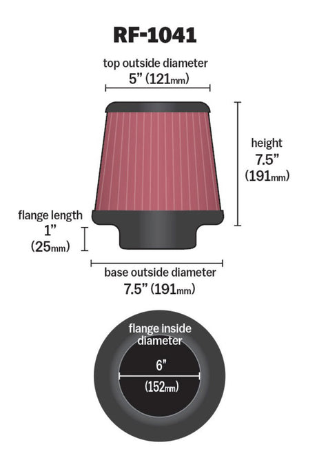 Universal Round Tapered Universal Air Filter 6 inch Flange 7 1/2 inch Base 5 inch Top 7 1/2 inch Height - View 12 | Dirty Garage