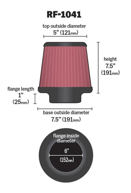Universal Round Tapered Universal Air Filter 6 inch Flange 7 1/2 inch Base 5 inch Top 7 1/2 inch Height - View 2 | Dirty Garage