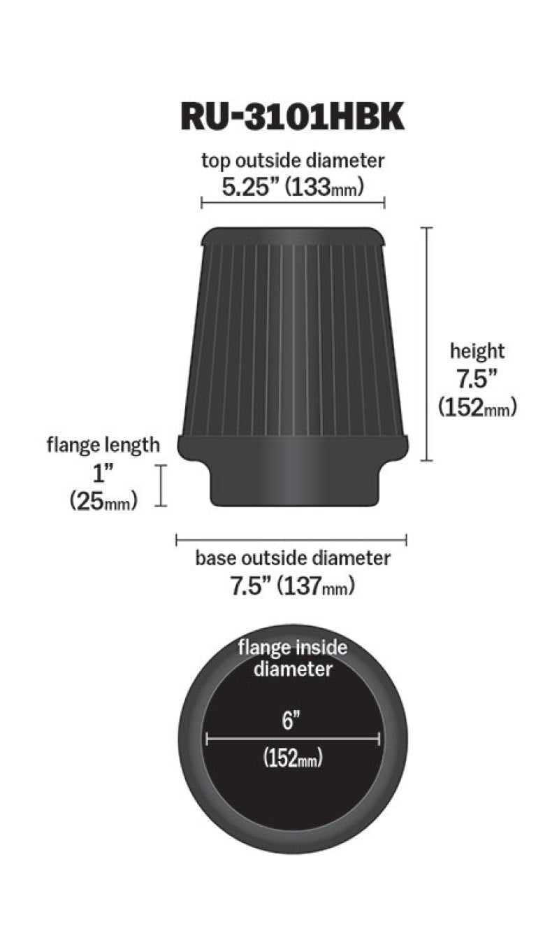 Universal Rubber Filter Round Tapered 6in Flange ID x 7.5in Base OD x 5.25in Top OD x 8in Height - View 10 | Dirty Garage