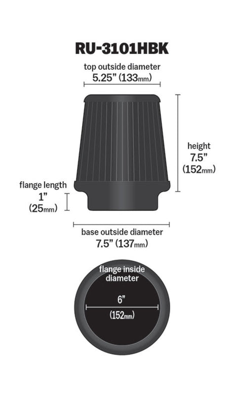 Universal Rubber Filter Round Tapered 6in Flange ID x 7.5in Base OD x 5.25in Top OD x 8in Height - View 10 | Dirty Garage