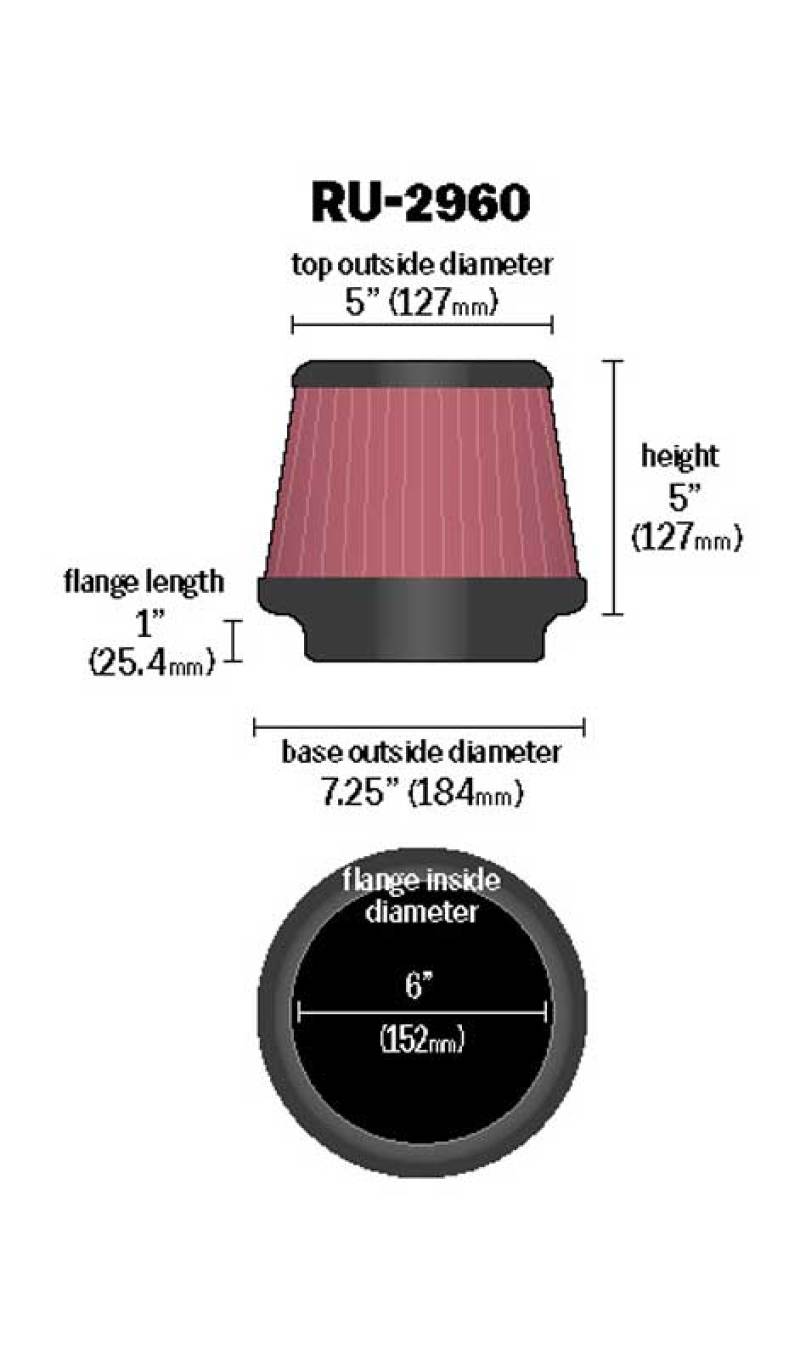 Universal Tapered Filter 6in Flange ID x 7.5in Base OD x 5in Top OD x 5in Height - View 5 | Dirty Garage
