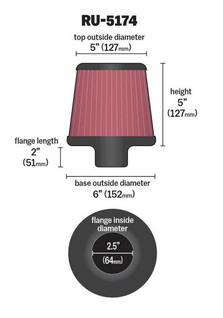 Universal Rubber Filter-Round Tapered 2.5in Flange ID x 6in Base OD x 5in Top OD x 5in Height - View 8 | Dirty Garage