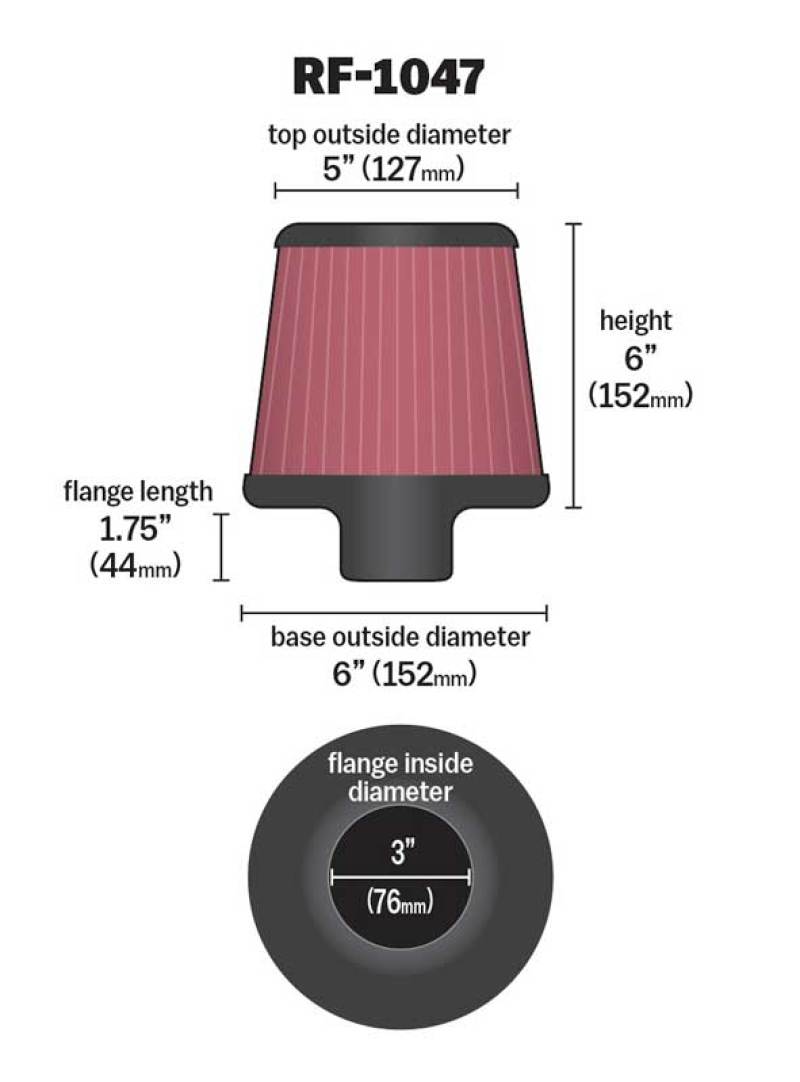Universal Round Tapered Universal Air Filter 3 inch Flange 6 inch Base 5 inch Top 6 inch Height - View 9 | Dirty Garage