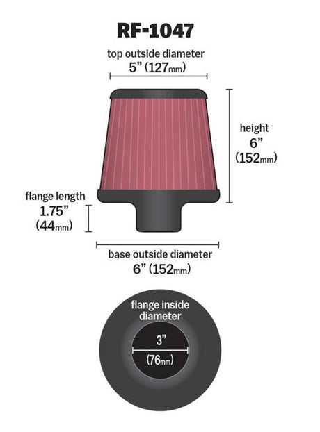 Universal Round Tapered Universal Air Filter 3 inch Flange 6 inch Base 5 inch Top 6 inch Height - View 9 | Dirty Garage