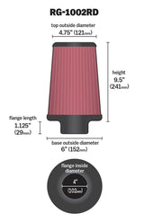 Universal Air Filter Chrome Round Tapered Red - 4in Flange ID x 1.125in Flange Length x 9.5in H - View 11 | Dirty Garage
