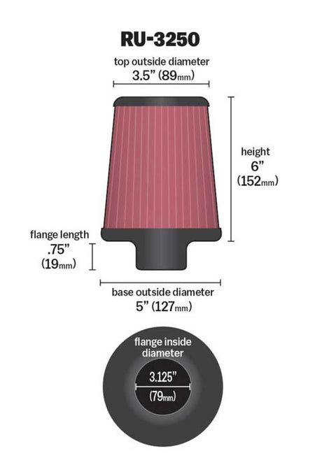 Universal Tapered Filter 3.125in Flange ID x 5in Base OD x 3.5in Top OD x 6in Height - View 7 | Dirty Garage