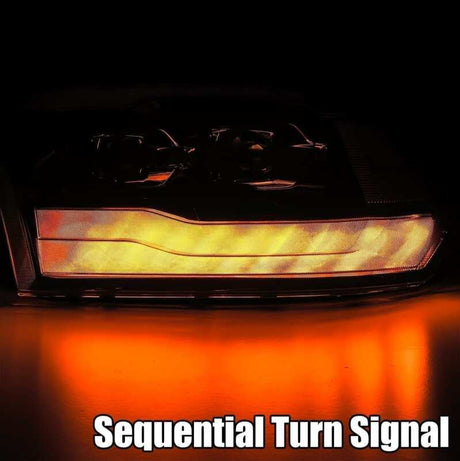 2009-2018 Ram HD Luxx-Series Projector Headlight Alpha-Black Active Light Sequential Signal Smoked DRL - View 4 | Dirty Garage