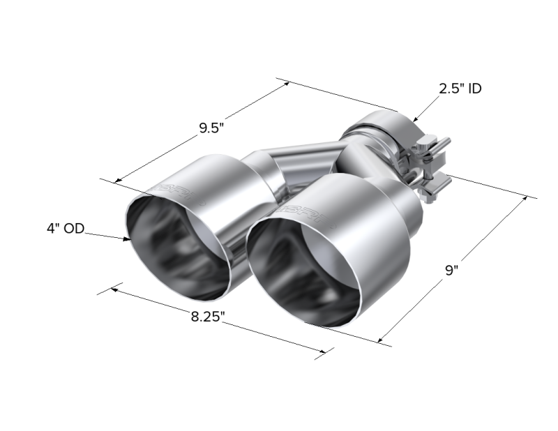 Universal T304 SS Dual Tip 4" OD 2.5" Inlet - View 3 | Dirty Garage