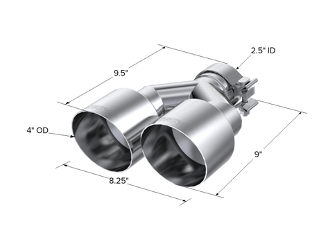 Universal T304 SS Dual Tip 4" OD 2.5" Inlet - View 3 | Dirty Garage