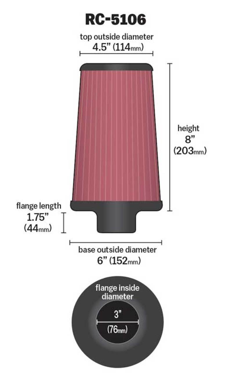 Universal Chrome Round Tapered Air Filter 3in FlangeID/6in Base OD/4.5in Top OD/8in Height - View 9 | Dirty Garage