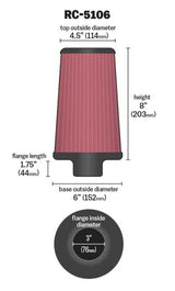 Universal Chrome Round Tapered Air Filter 3in FlangeID/6in Base OD/4.5in Top OD/8in Height - View 9 | Dirty Garage