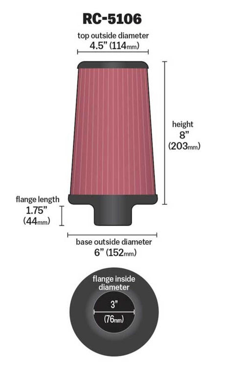 Universal Chrome Round Tapered Air Filter 3in FlangeID/6in Base OD/4.5in Top OD/8in Height - View 9 | Dirty Garage