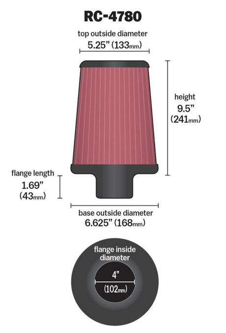 Universal Filter Round Tapered 4in FlangeID/6.625in Base OD/5.25in Top OD/9.5in Height - View 6 | Dirty Garage